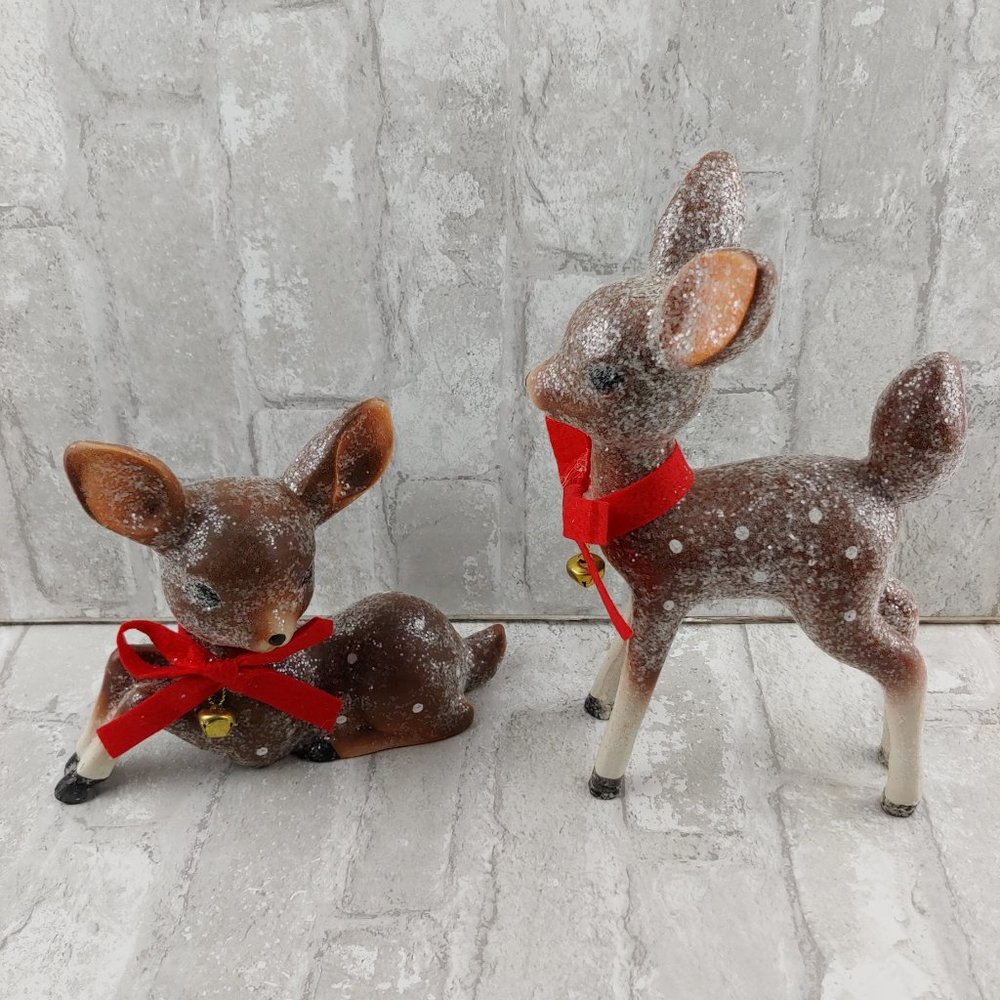 Retro Christmas Deer Decorations Glitter Fawn Retro Kitsch Decor